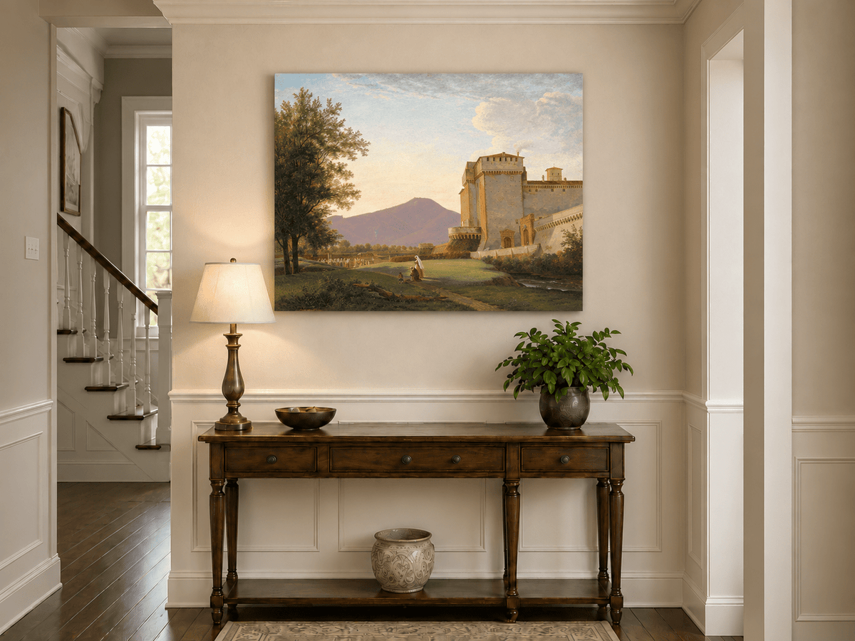Hand-painted Sunlit Castle and Mountain View landscape oil painting displayed as wall art in a styled interior
