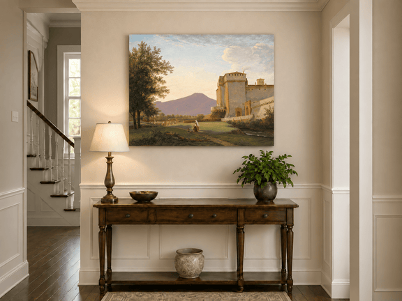 Hand-painted Sunlit Castle and Mountain View landscape oil painting displayed as wall art in a styled interior