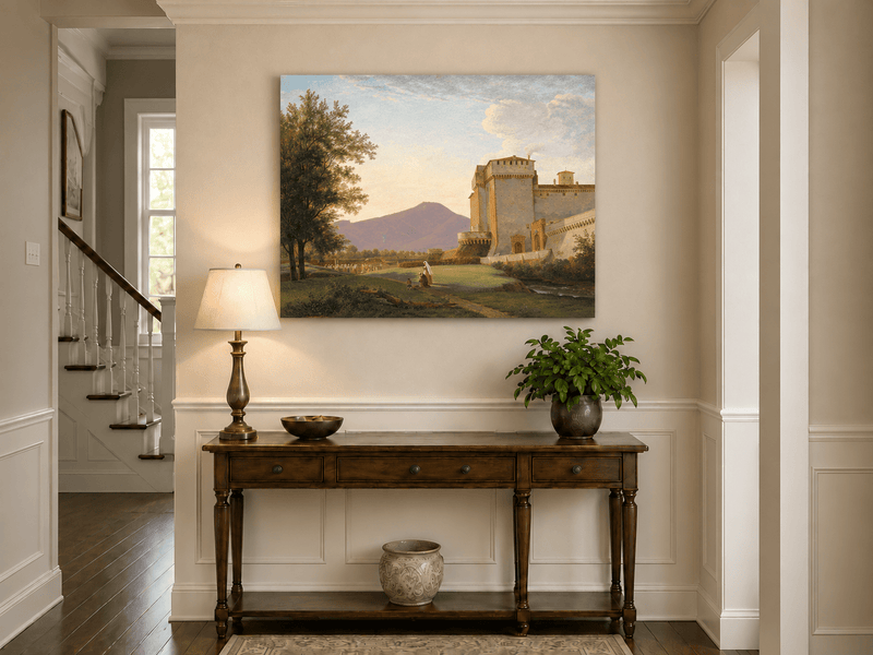 Hand-painted Sunlit Castle and Mountain View landscape oil painting displayed as wall art in a styled interior