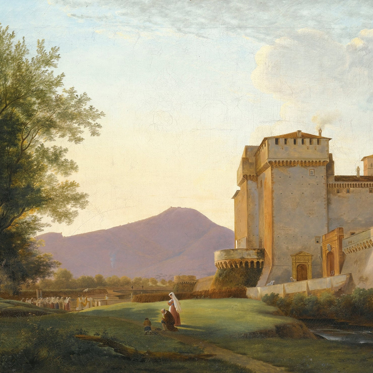 Hand-painted sunlit castle and mountain view landscape oil painting on canvas