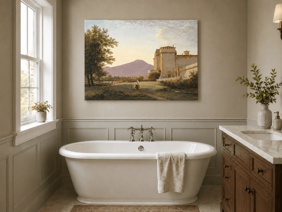 Hand-painted Sunlit Castle and Mountain View landscape oil painting displayed as wall art in a styled interior