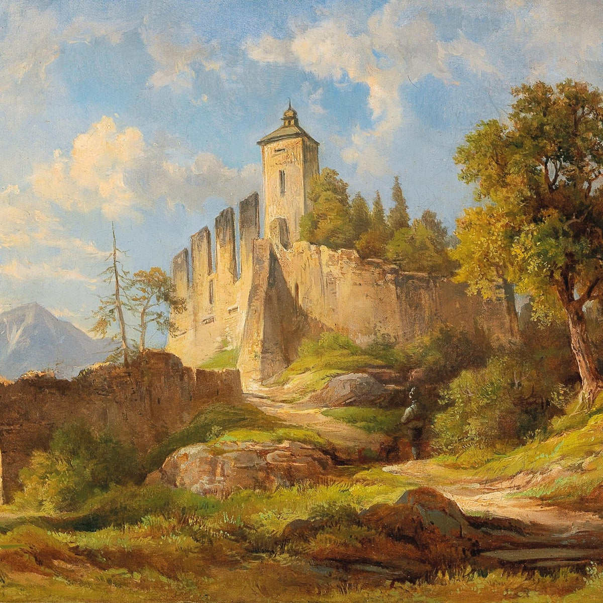 Landscape Oil Painting - Sunlit Castle Ruins in Mountain Valley