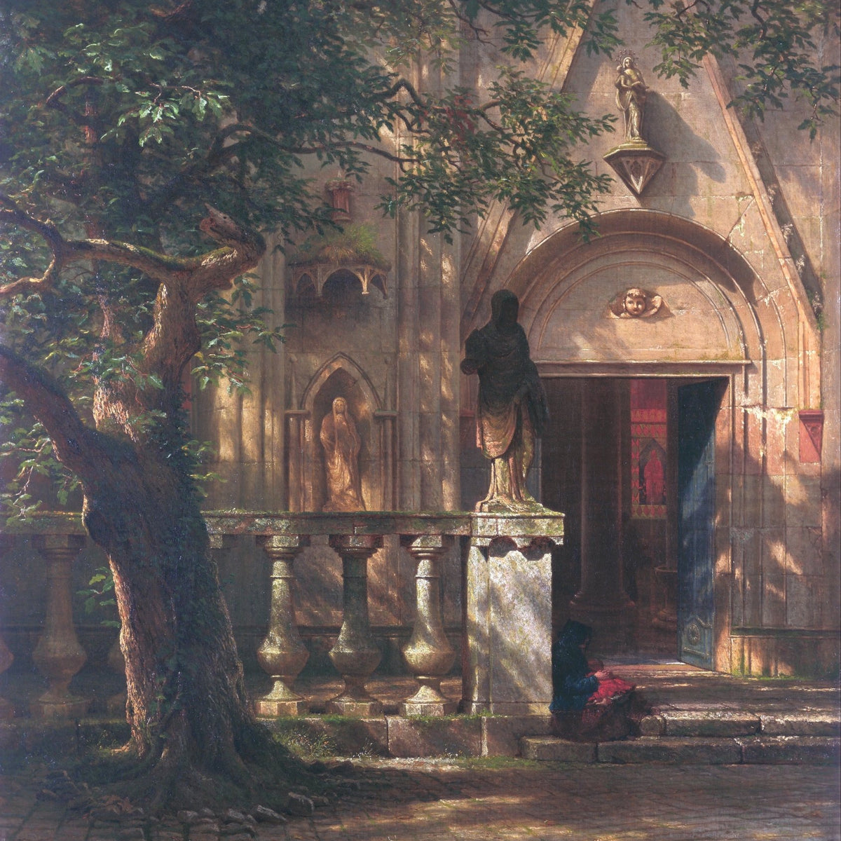 Hand-painted sunlit church courtyard with old tree landscape oil painting on canvas