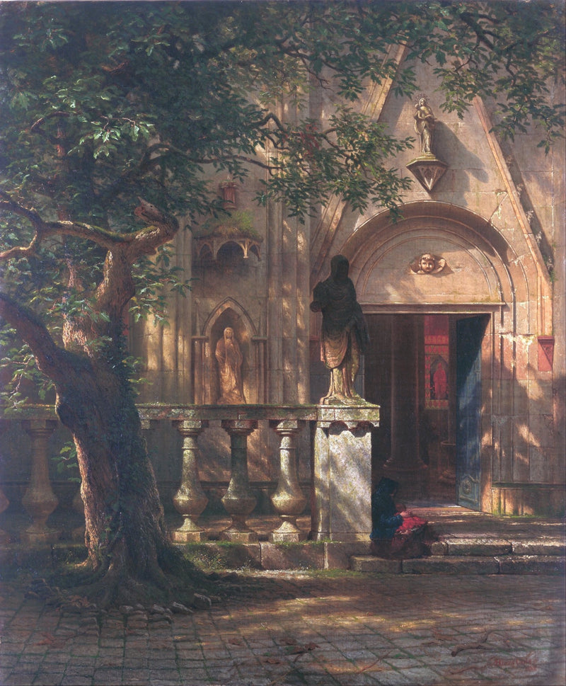 Hand-painted sunlit church courtyard with old tree landscape oil painting on canvas