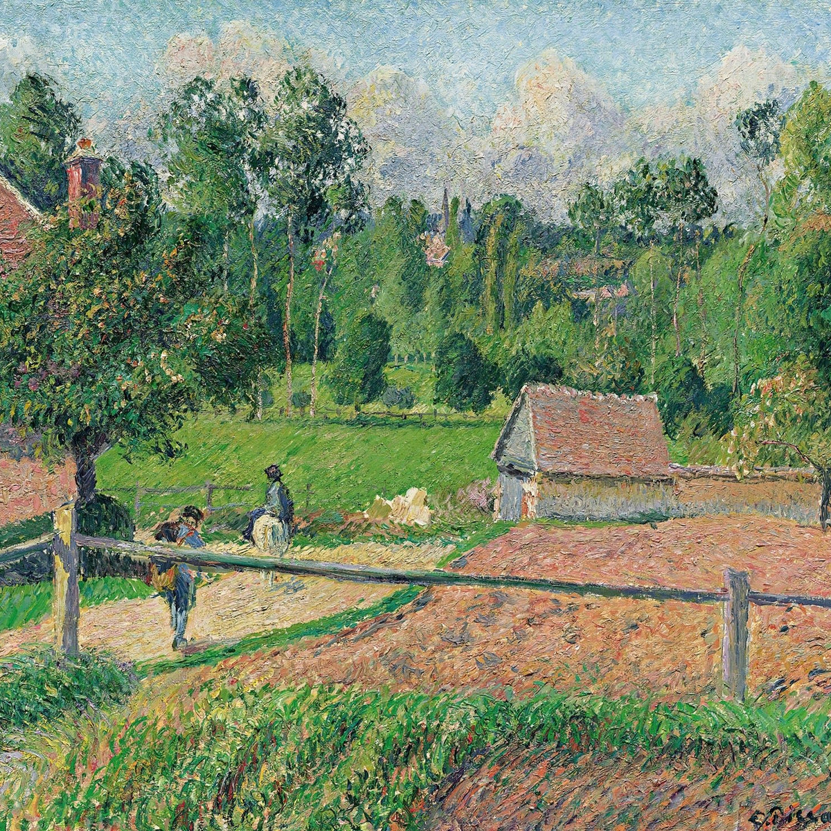 Hand-painted sunlit country farm path with figures landscape oil painting on canvas