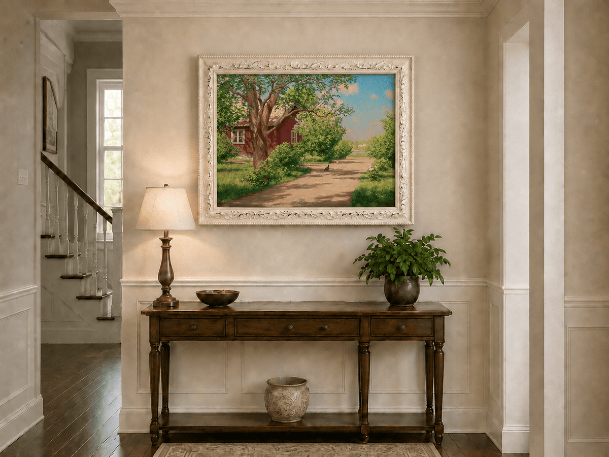 Landscape Oil Painting - Sunlit Country Lane by Red Cottage