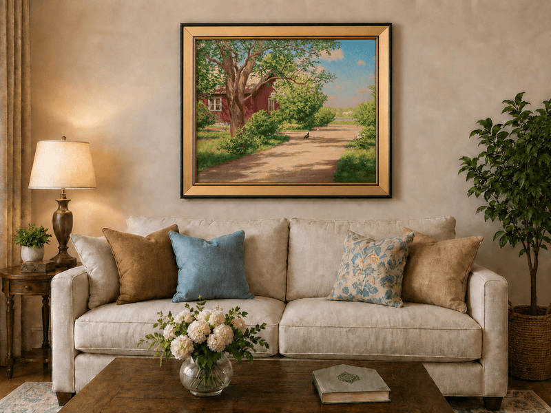 Landscape Oil Painting - Sunlit Country Lane by Red Cottage