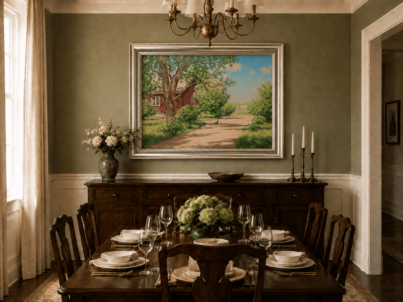 Landscape Oil Painting - Sunlit Country Lane by Red Cottage