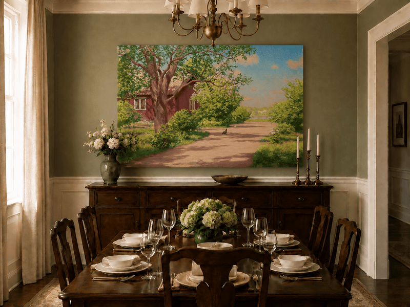 Landscape Oil Painting - Sunlit Country Lane by Red Cottage