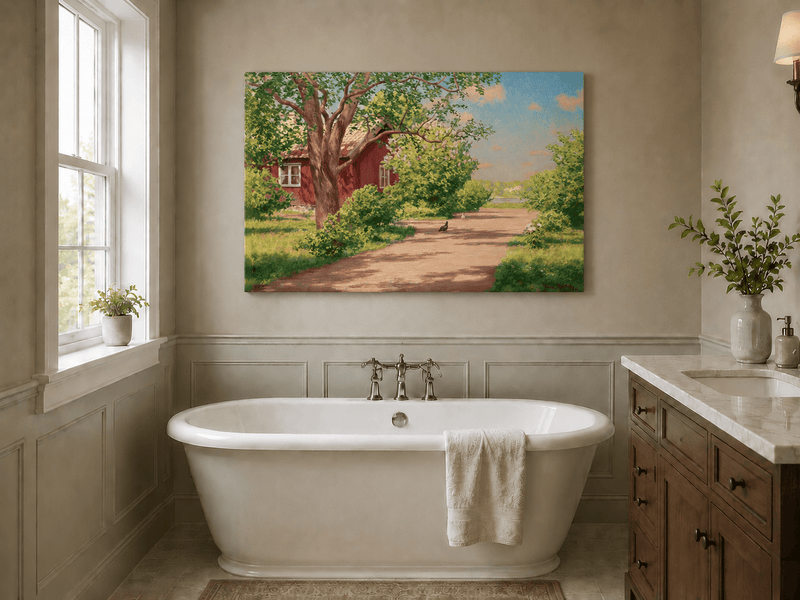 Landscape Oil Painting - Sunlit Country Lane by Red Cottage