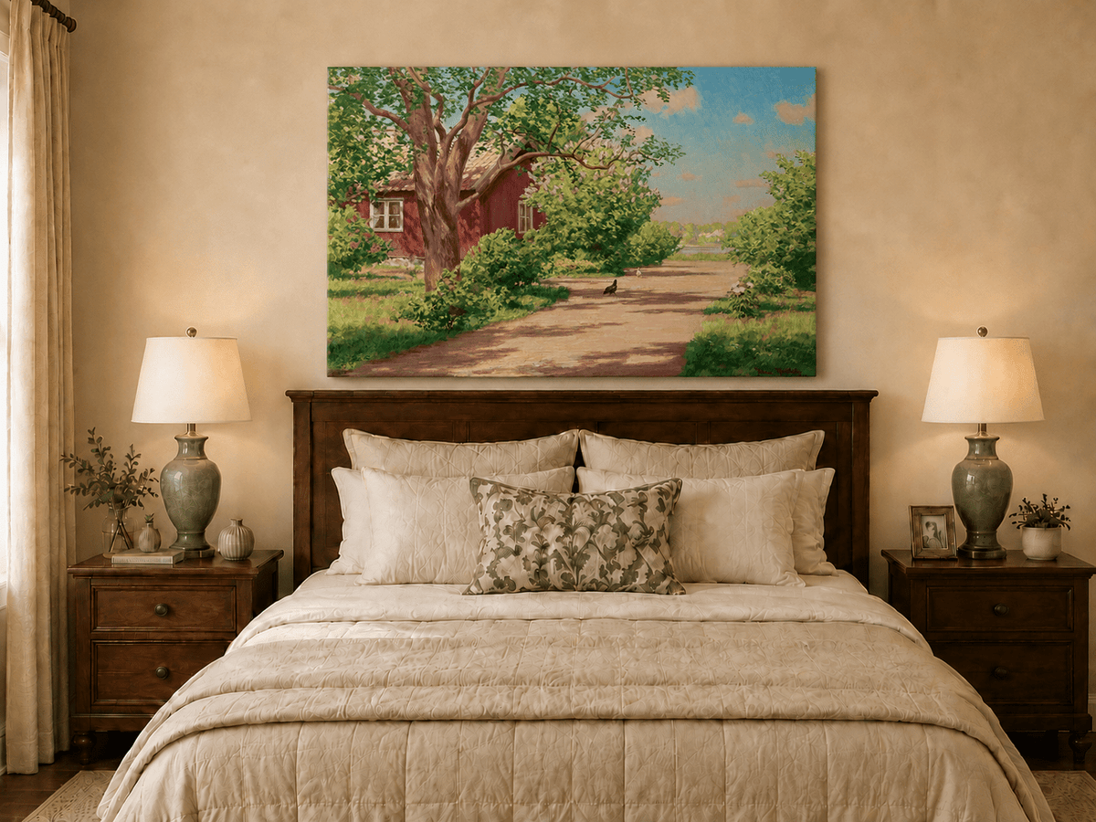 Landscape Oil Painting - Sunlit Country Lane by Red Cottage