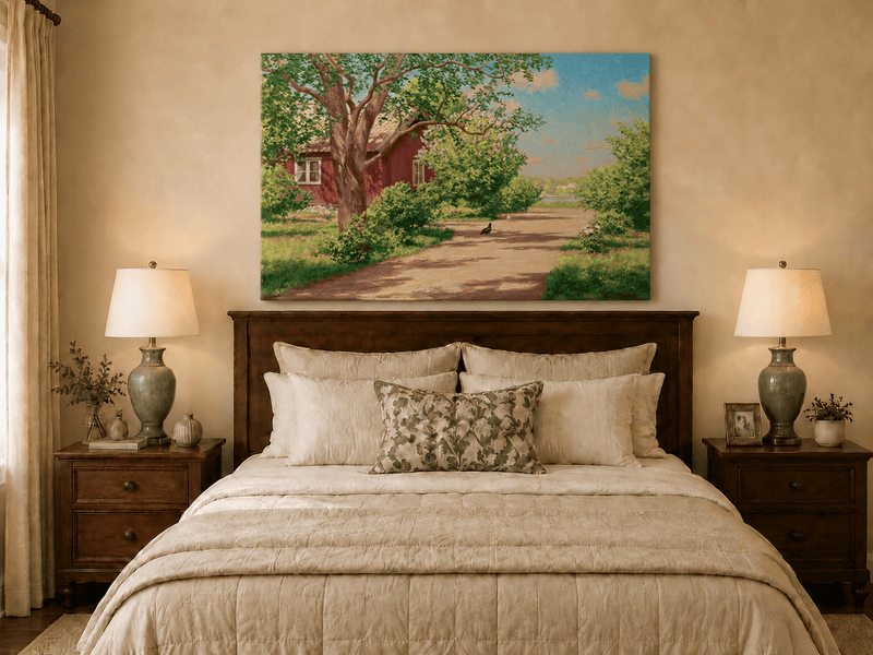 Landscape Oil Painting - Sunlit Country Lane by Red Cottage