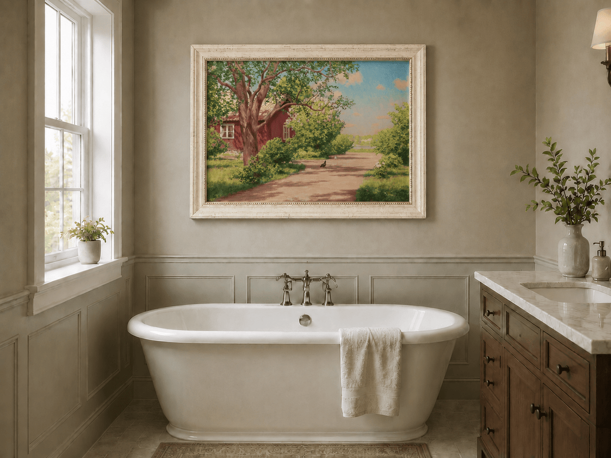 Landscape Oil Painting - Sunlit Country Lane by Red Cottage