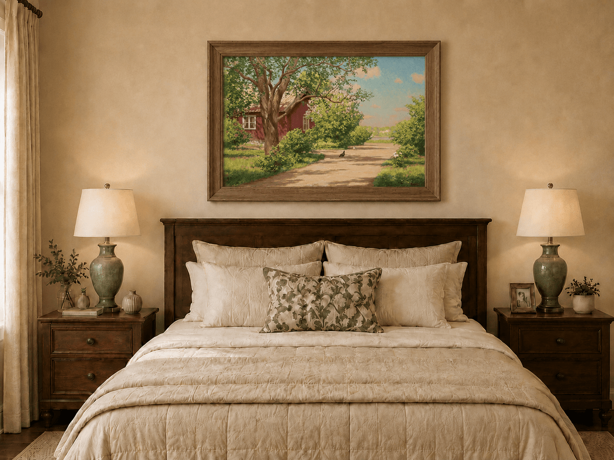 Landscape Oil Painting - Sunlit Country Lane by Red Cottage