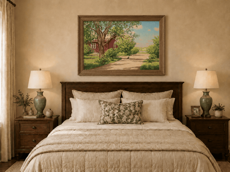 Landscape Oil Painting - Sunlit Country Lane by Red Cottage