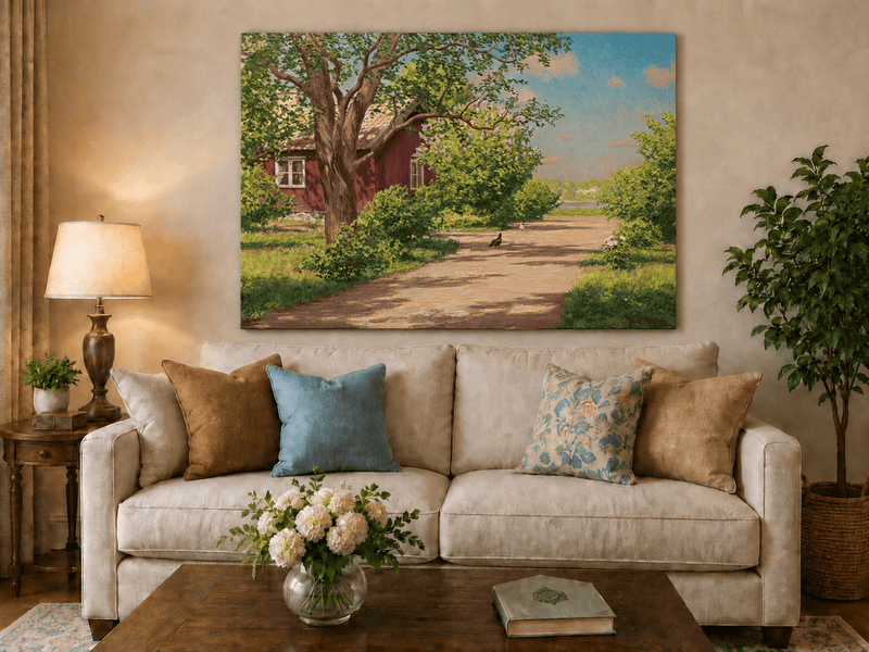Landscape Oil Painting - Sunlit Country Lane by Red Cottage