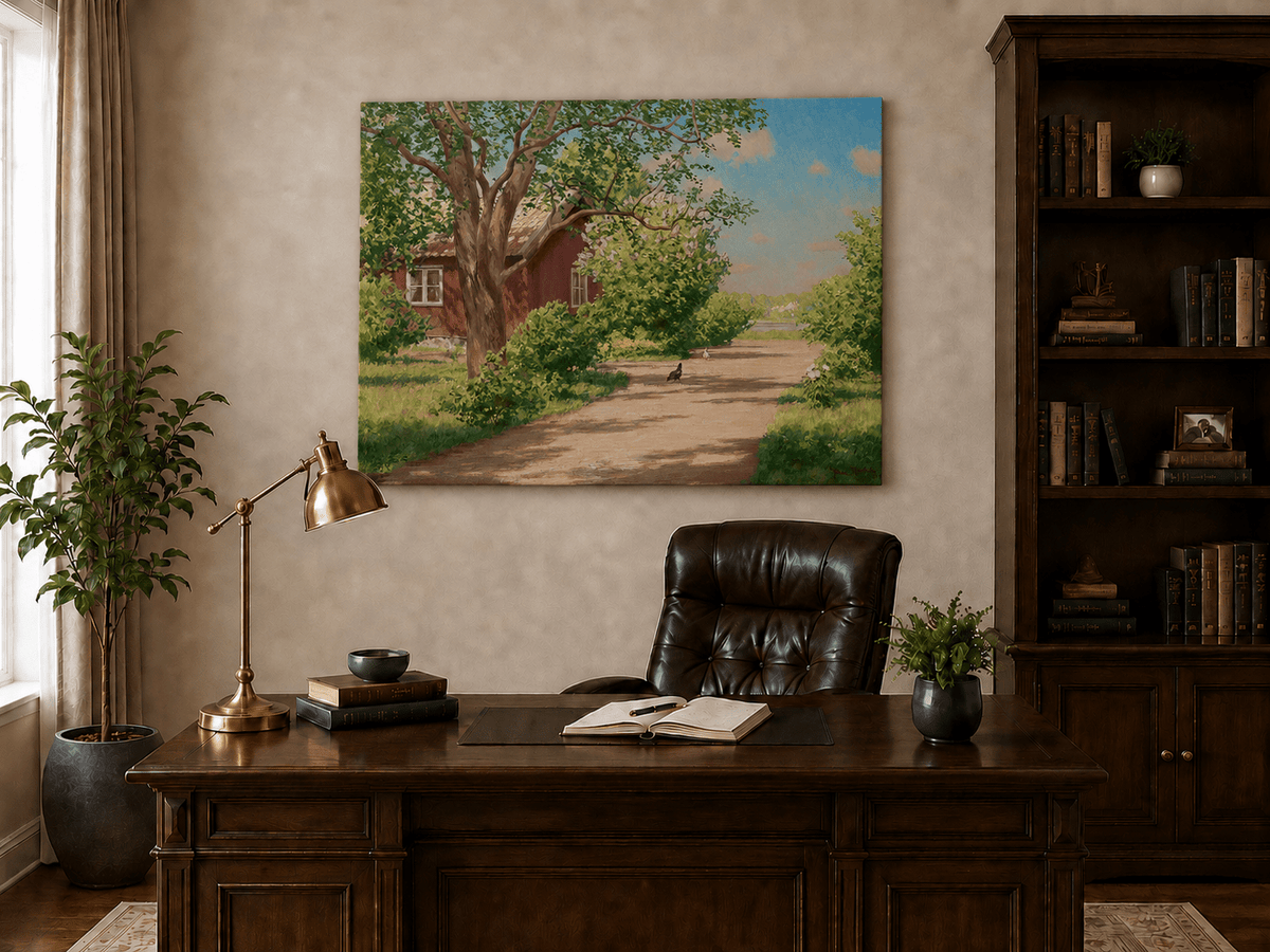 Landscape Oil Painting - Sunlit Country Lane by Red Cottage