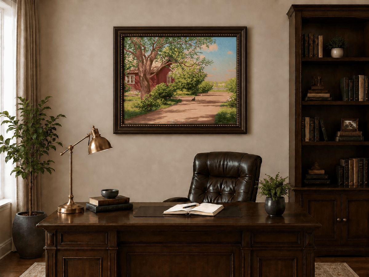 Landscape Oil Painting - Sunlit Country Lane by Red Cottage