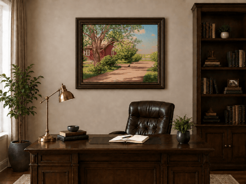 Landscape Oil Painting - Sunlit Country Lane by Red Cottage