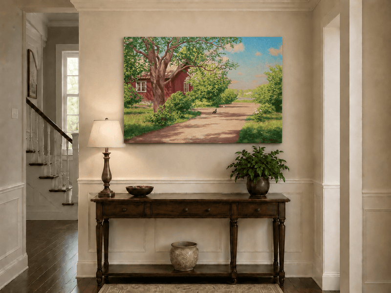 Landscape Oil Painting - Sunlit Country Lane by Red Cottage