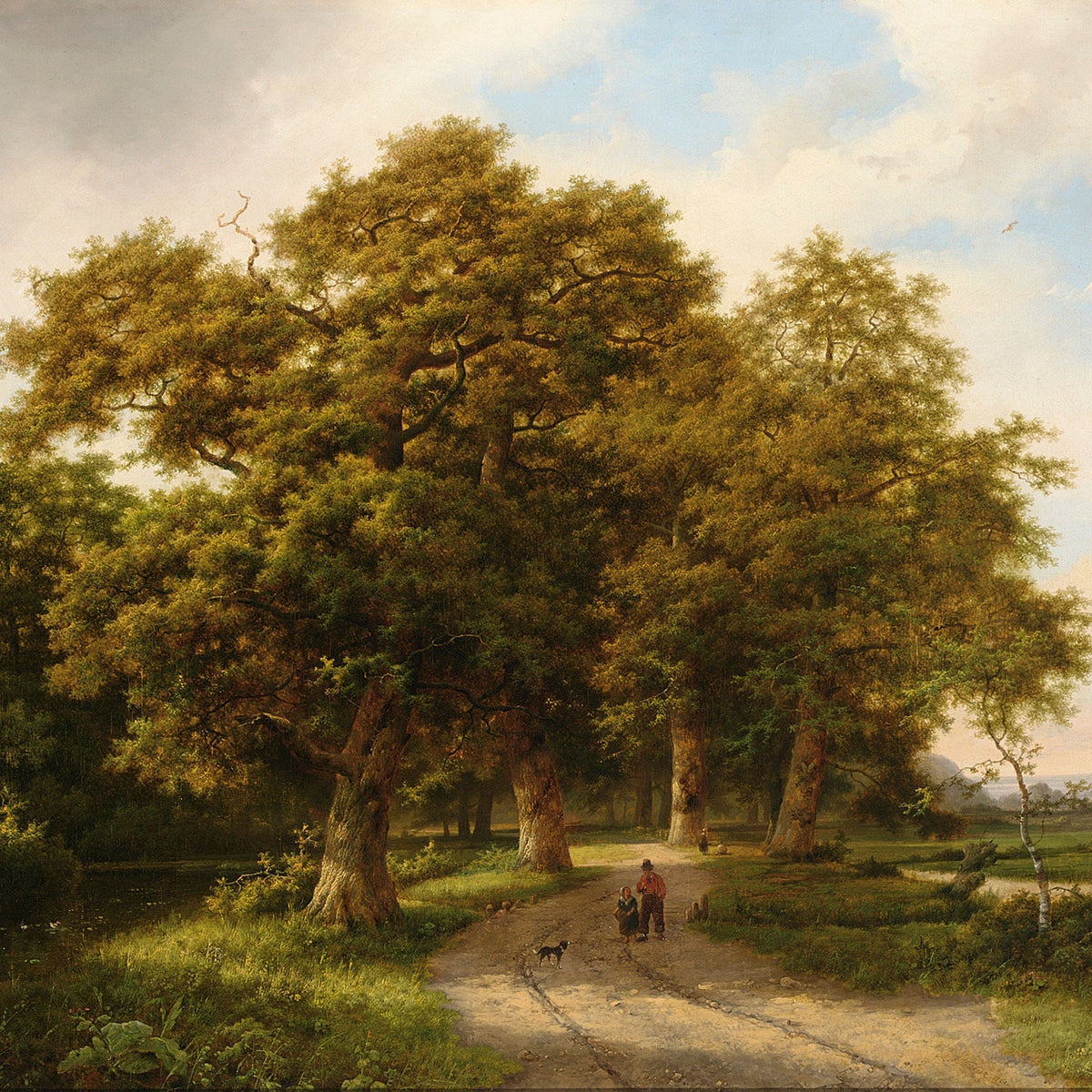 Hand-painted sunlit country path beneath ancient oaks landscape oil painting on canvas