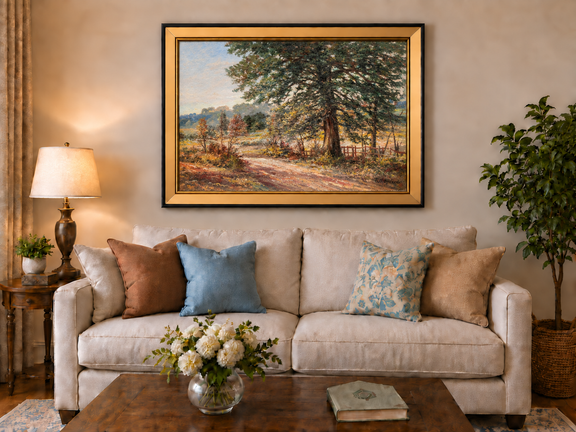 Hand-painted Sunlit Country Road with Evergreen Tree landscape oil painting displayed as wall art in a styled interior