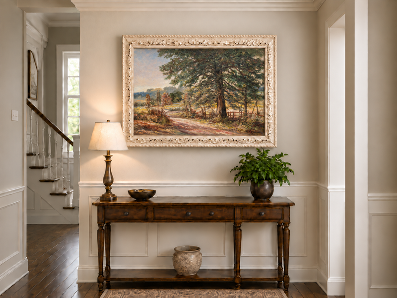 Hand-painted Sunlit Country Road with Evergreen Tree landscape oil painting displayed as wall art in a styled interior
