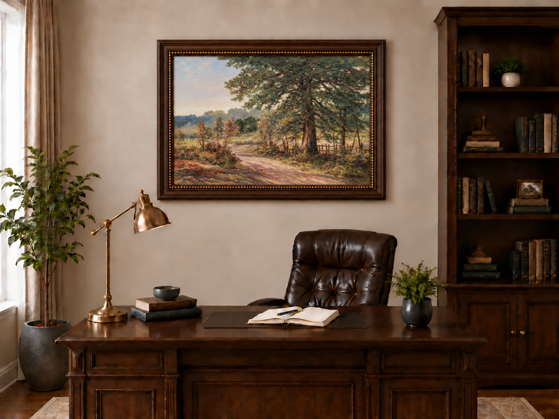 Hand-painted Sunlit Country Road with Evergreen Tree landscape oil painting displayed as wall art in a styled interior