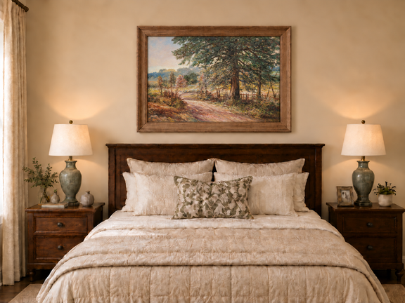 Hand-painted Sunlit Country Road with Evergreen Tree landscape oil painting displayed as wall art in a styled interior