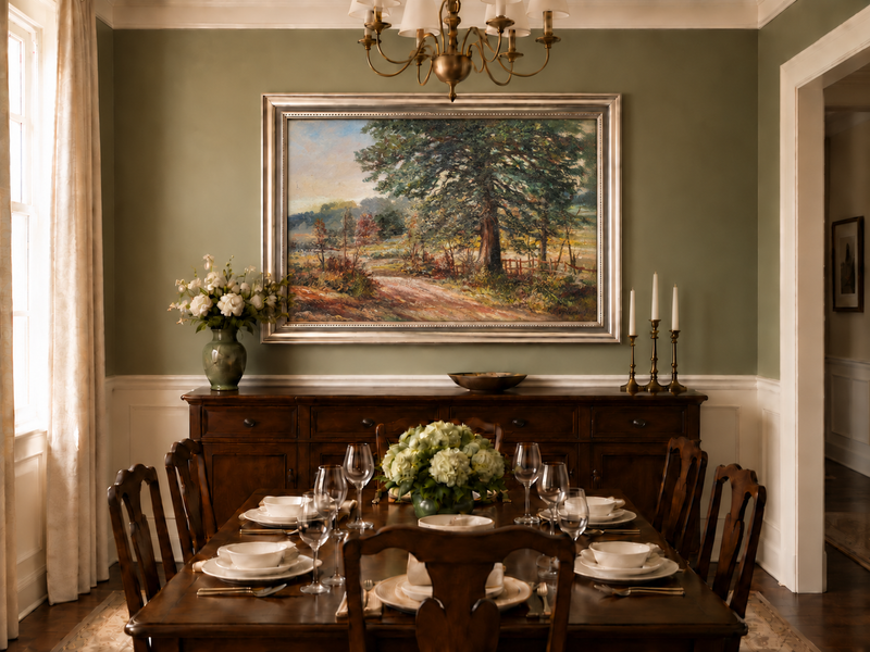 Hand-painted Sunlit Country Road with Evergreen Tree landscape oil painting displayed as wall art in a styled interior