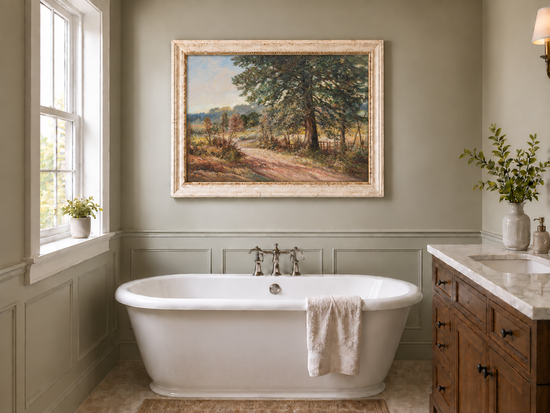Hand-painted Sunlit Country Road with Evergreen Tree landscape oil painting displayed as wall art in a styled interior