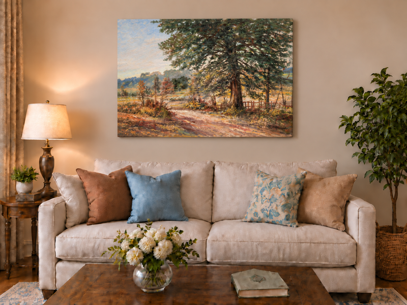 Hand-painted Sunlit Country Road with Evergreen Tree landscape oil painting displayed as wall art in a styled interior