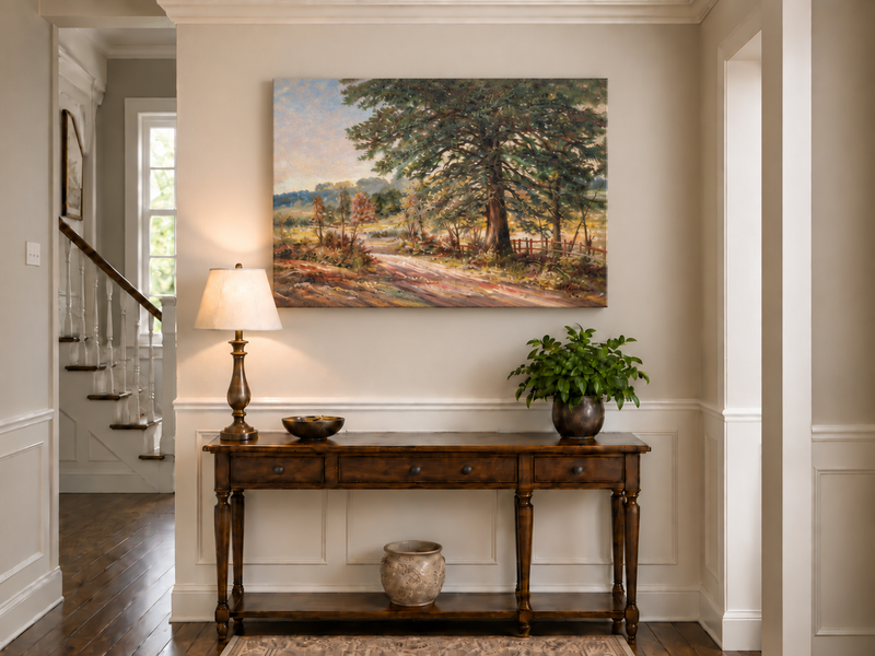 Hand-painted Sunlit Country Road with Evergreen Tree landscape oil painting displayed as wall art in a styled interior