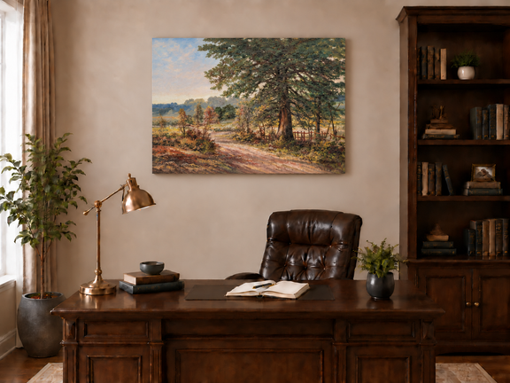 Hand-painted Sunlit Country Road with Evergreen Tree landscape oil painting displayed as wall art in a styled interior