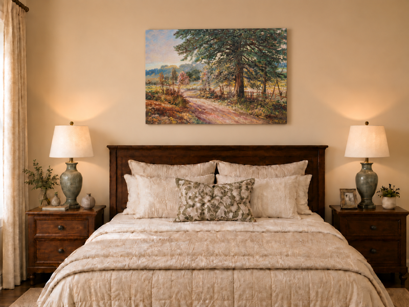 Hand-painted Sunlit Country Road with Evergreen Tree landscape oil painting displayed as wall art in a styled interior