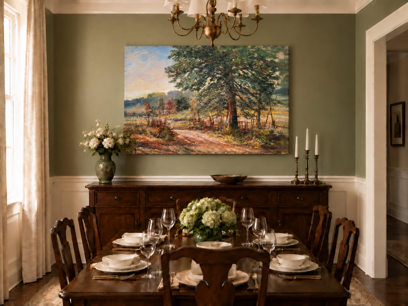 Hand-painted Sunlit Country Road with Evergreen Tree landscape oil painting displayed as wall art in a styled interior