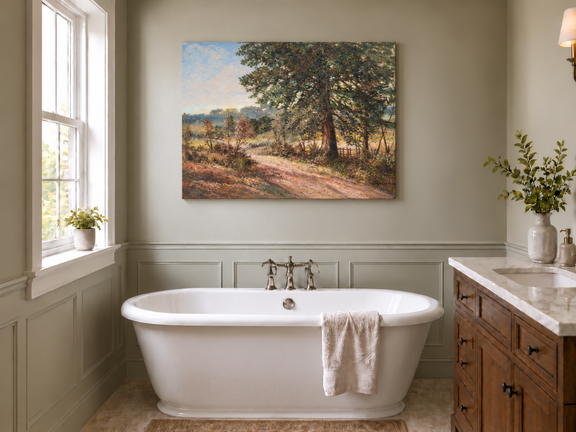 Hand-painted Sunlit Country Road with Evergreen Tree landscape oil painting displayed as wall art in a styled interior