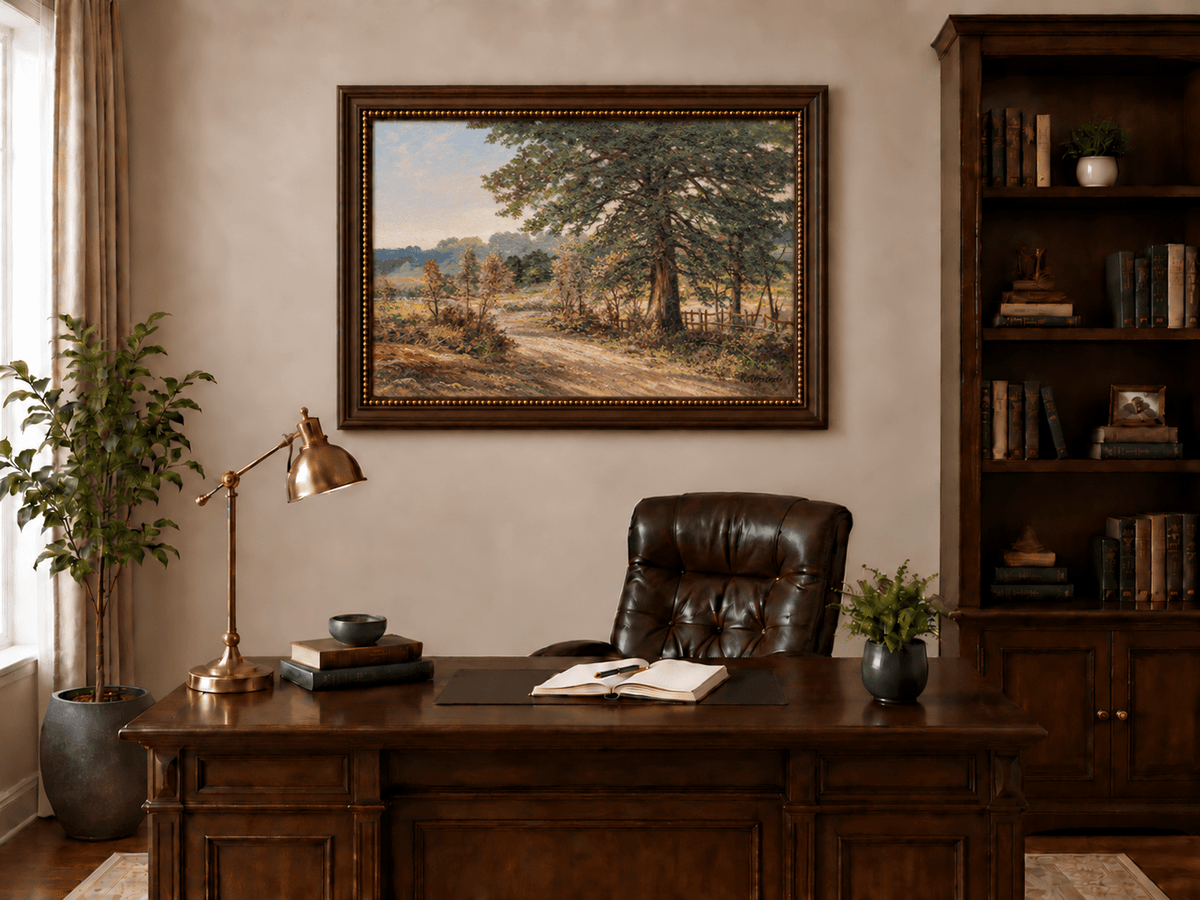 Hand-painted Sunlit Country Road with Evergreen Tree landscape oil painting displayed as wall art in a styled interior