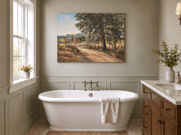 Hand-painted Sunlit Country Road with Evergreen Tree landscape oil painting displayed as wall art in a styled interior