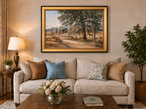 Hand-painted Sunlit Country Road with Evergreen Tree landscape oil painting displayed as wall art in a styled interior