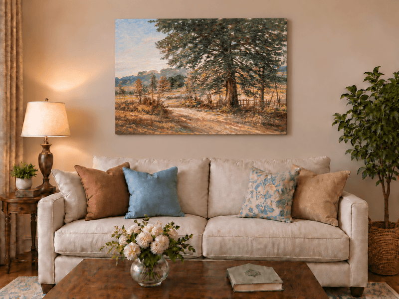 Hand-painted Sunlit Country Road with Evergreen Tree landscape oil painting displayed as wall art in a styled interior