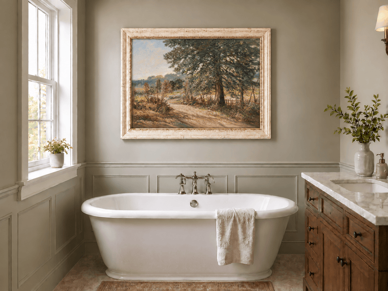 Hand-painted Sunlit Country Road with Evergreen Tree landscape oil painting displayed as wall art in a styled interior
