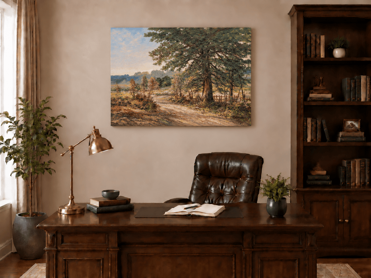 Hand-painted Sunlit Country Road with Evergreen Tree landscape oil painting displayed as wall art in a styled interior