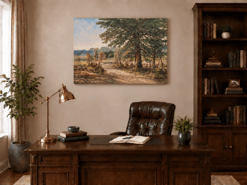 Hand-painted Sunlit Country Road with Evergreen Tree landscape oil painting displayed as wall art in a styled interior