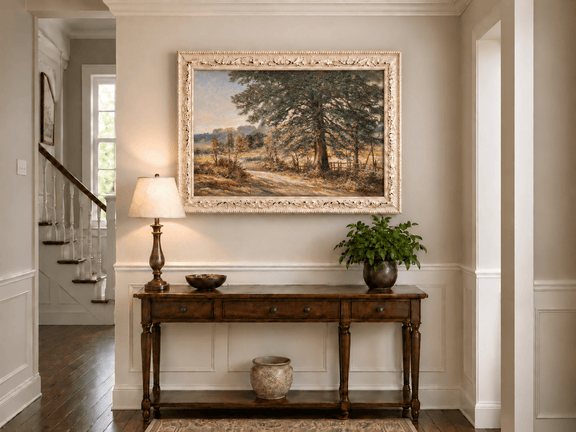Hand-painted Sunlit Country Road with Evergreen Tree landscape oil painting displayed as wall art in a styled interior