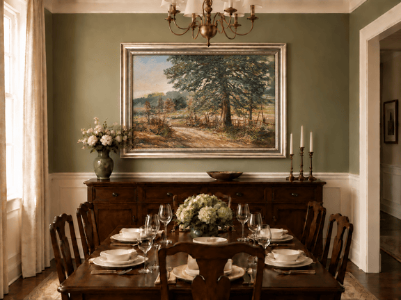Hand-painted Sunlit Country Road with Evergreen Tree landscape oil painting displayed as wall art in a styled interior