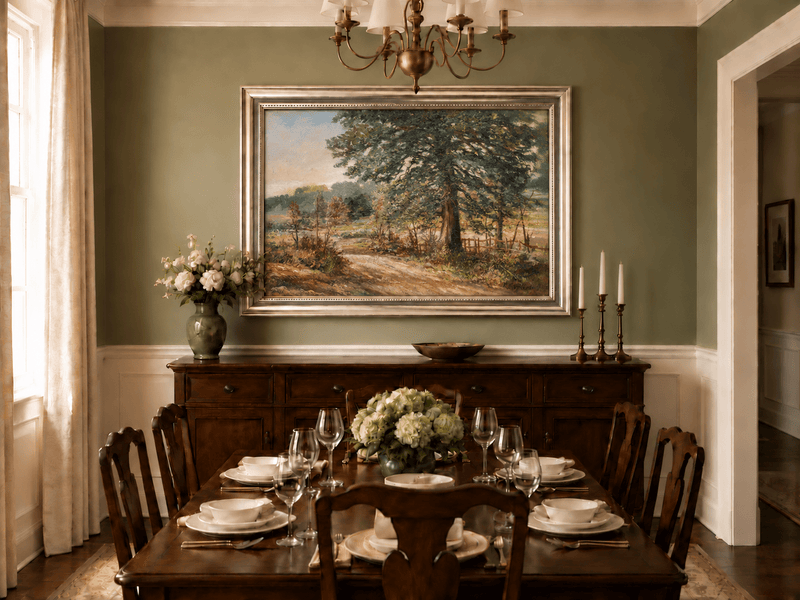 Hand-painted Sunlit Country Road with Evergreen Tree landscape oil painting displayed as wall art in a styled interior