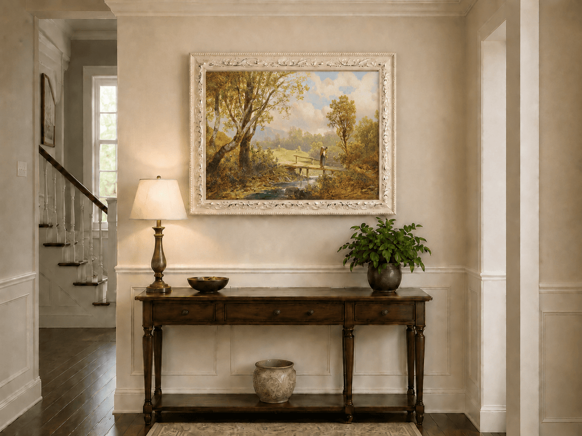 Landscape Oil Painting - Sunlit Creek Bridge in Summer Meadow