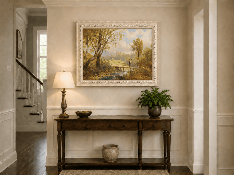 Landscape Oil Painting - Sunlit Creek Bridge in Summer Meadow