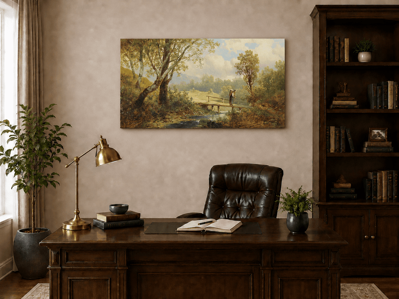 Landscape Oil Painting - Sunlit Creek Bridge in Summer Meadow